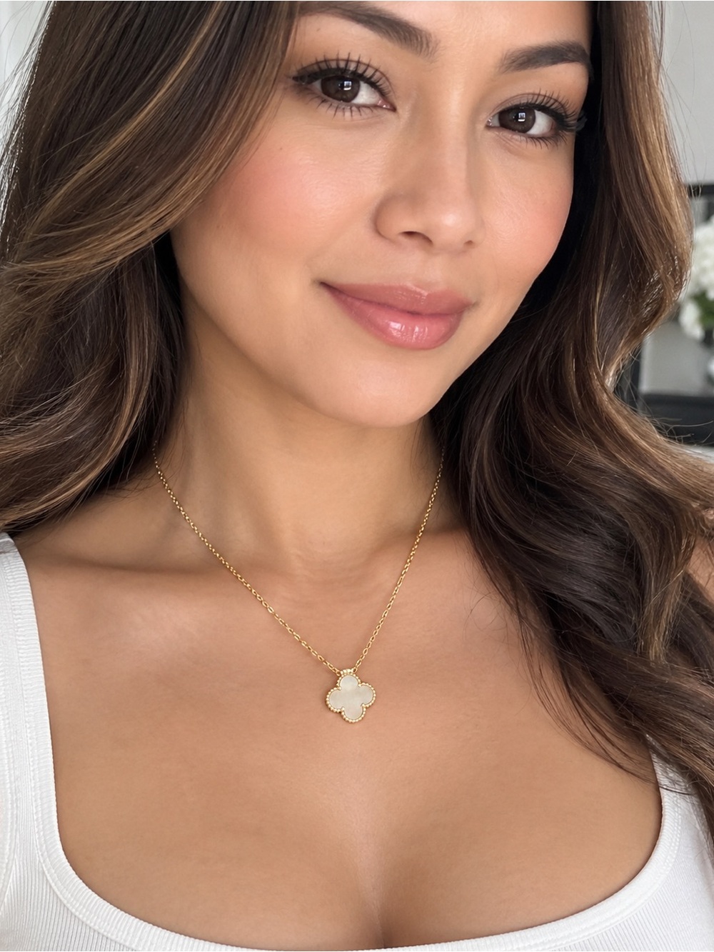 Gold Clover Pendant Necklace with White Mother-of-Pearl Inlay